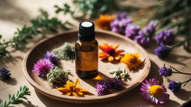 An assortment of colorful medicinal herb plants arranged on a wooden plate, accompanied by a bottle of essential oil extract, viewed from above. Herbal pharmacy