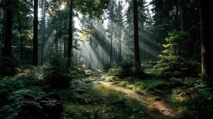 Obraz premium Sun rays shining through tall summer forest trees, soft mist and deep greens, calm and immersive nature