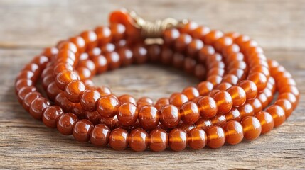 An intricate orange beaded necklace rests on a wooden surface