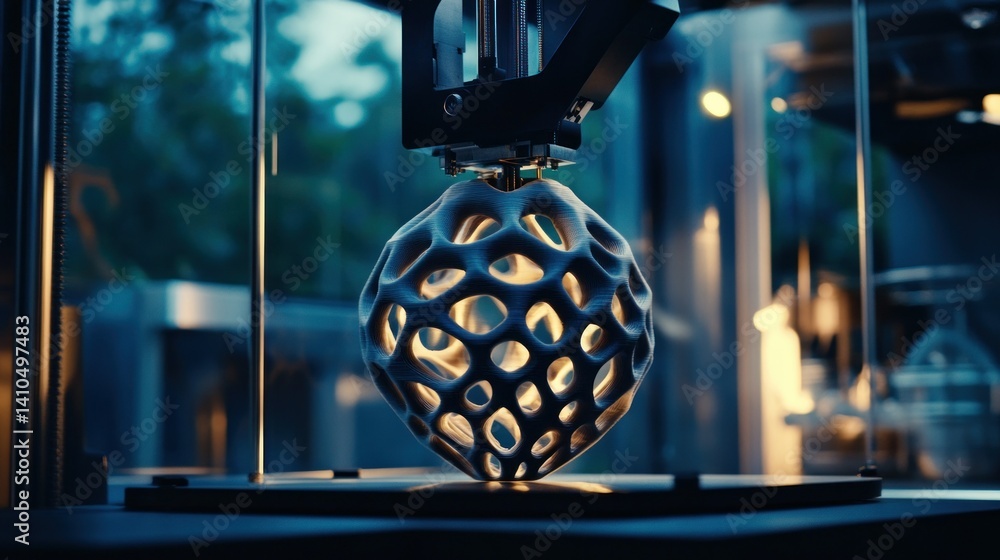 Poster a futuristic three dimensional printer creating a geometric object slowly