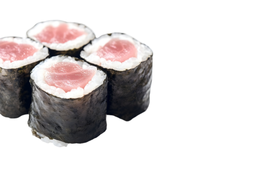Tuna rolls A close-up of maki sushi pieces with visible rice and nori seaweed on a transparent background