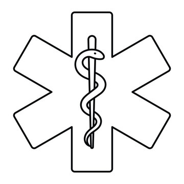 Star of Life vector illustration. Hand-drawn doodle style medical symbol with Rod of Asclepius. Black line art isolated on white background.