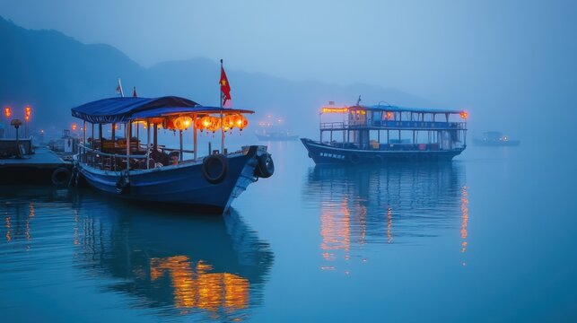 Boats illuminated with lanterns at a misty waterfront location