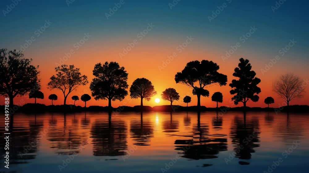 Poster silhouette of a tree against a panoramic sunset backdrop. a tree defined by the sunset's reflection 