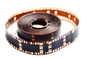 A curled black film strip with visible frames wound in a tight spiral on a white surface, reflecting light