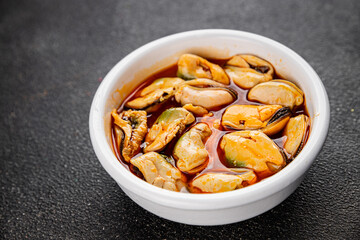 Mussels canned seafood appetizer dish organic product fresh tasty gourmet food background on the table rustic food top view copy space 