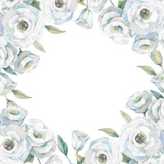 white eustoma flowers hand drawn watercolor illustration square frame isolated on white background. Elegant floral template for wedding, holiday, interior, religion design. Botanical clipart for cards