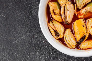 Mussels canned seafood appetizer dish organic product fresh tasty gourmet food background on the table rustic food top view copy space 
