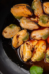 Mussels canned seafood appetizer dish organic product fresh tasty gourmet food background on the table rustic food top view copy space 