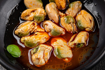 Mussels canned seafood appetizer dish organic product fresh tasty gourmet food background on the table rustic food top view copy space 