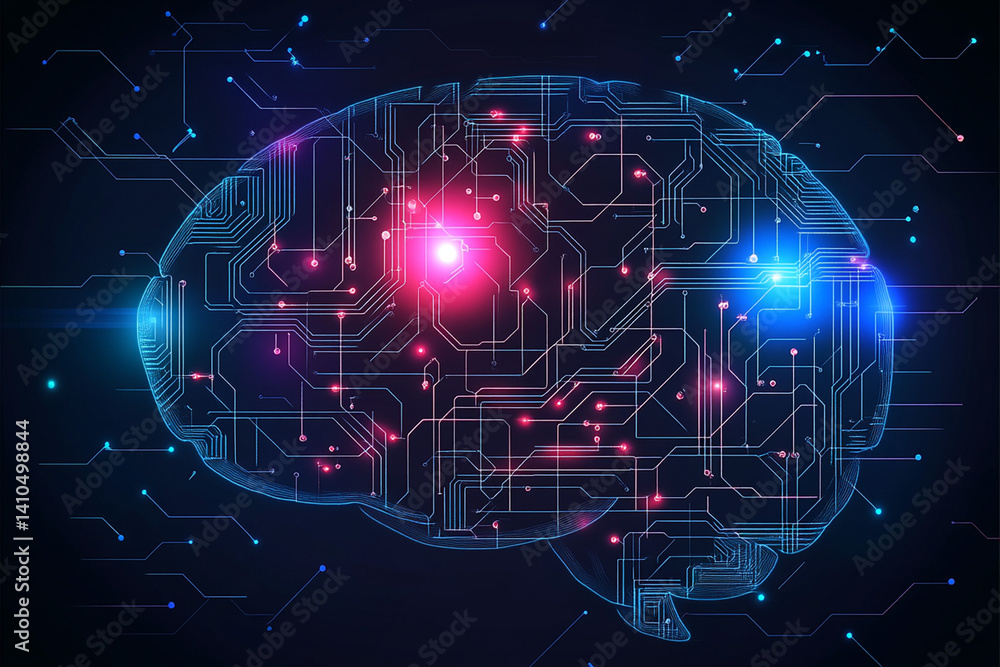 Poster digital brain illustration with glowing circuits and nodes.