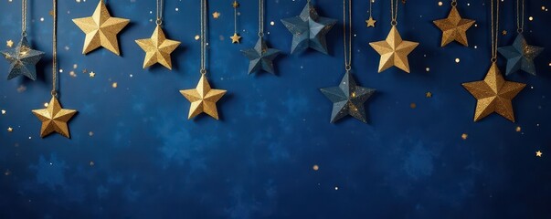 Navy blue canvas, row of metallic gold stars hanging , header, shine