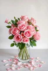 Obraz premium Organic bouquet of blush pink bouquet roses and loose petals in a clear glass vase, delicate, beauty, flower photography