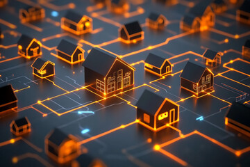 Digital network of interconnected houses.  Abstract graphic design of homes linked by glowing circuit pathways.  Innovative technology concept for smart homes or urban planning.