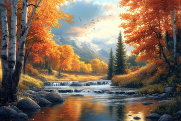 Obraz premium Painting: Serene river flows through lush forest, capturing nature's tranquility.