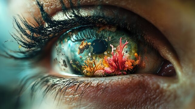 A cybernetic eye resembling a tiny fish tank, complete with coral and swimming creatures