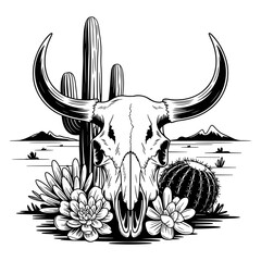 Bull skull with cactus vector illustration
