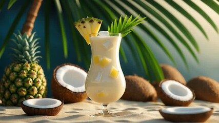 Tropical Pina Colada Cocktail on beach sand with fruits and bar tools, concept of relaxation, available space