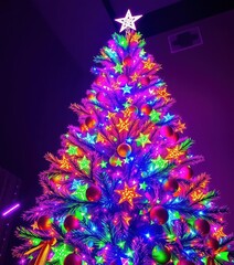 Vibrant, multi-hued Christmas tree ablaze with sparkling ornaments and festive lights, festive decorations, bright lights, shiny