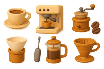 Coffee brewing essentials: 3d icons set featuring machines, cups, and tools