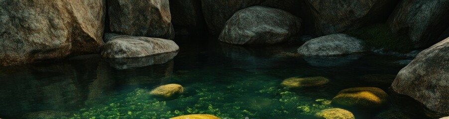 A small pond surrounded by large rocks and aquatic plants
