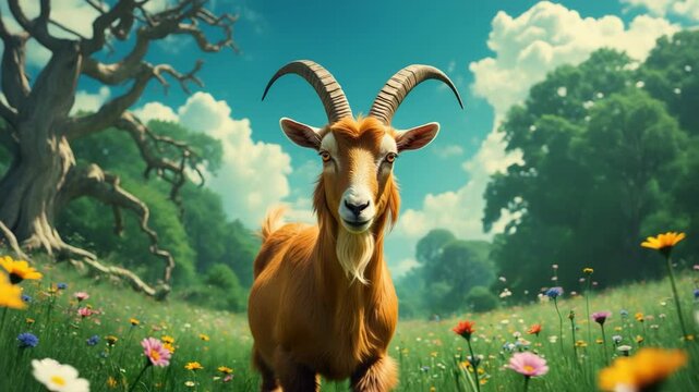 A milking goat in a grassy area, a verdant pasture, with sky and trees in the background