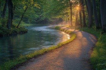 Obraz premium Morning walk along a serene river path in a lush forest setting nature photography peaceful