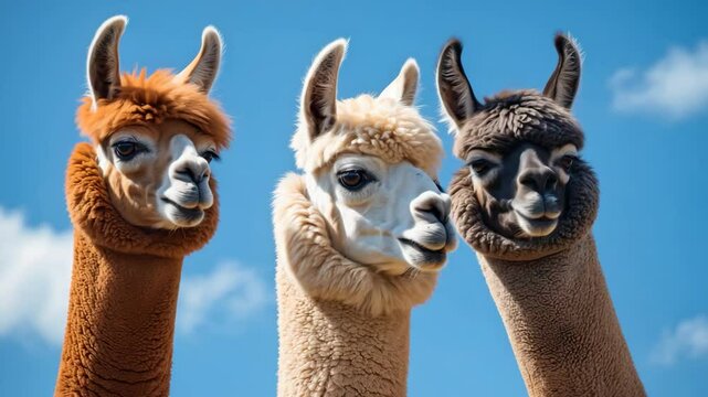 Three alpacas positioned together with a blue sky background.