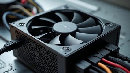 Close-up of a computer cooling fan with power cables 
