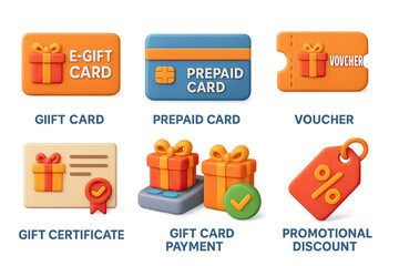 3d gift card and voucher icons set for e-commerce and promotions