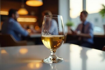 A half-filled glass of white wine, condensation visible, rests on a sleek modern table , beverage, interior