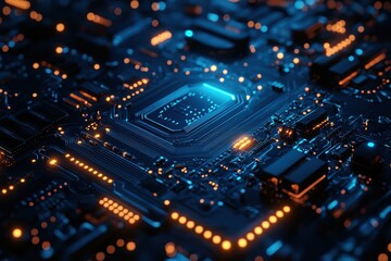 Obraz premium Close-up of a vibrant blue-lit circuit board showcasing intricate technology components at night