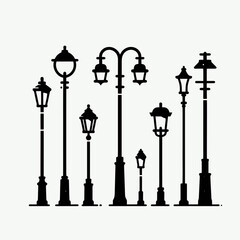 Street Lamp Post Silhouettes in black on a white background