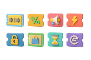3D icon set of language tutoring tools: video call window, chat bubble, headset, digital whiteboard, tutor ID card, calendar reminder, share screen icon, question mark. 3d icon. icons set of 3d style