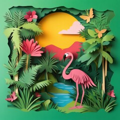 Vivid craft paper cutout depicting a tropical landscape with vibrant flora and a flamingo by a tranquil pond Generative AI
