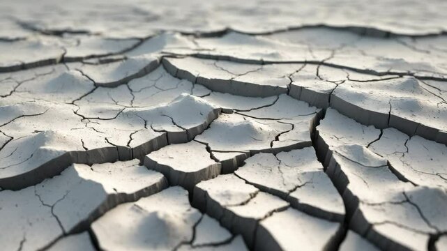 Close-up of dry, cracked ground texture. Gray fissures on parched surface. Erosion backdrop.
