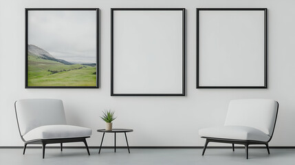 Three Framed Pictures And Two Armchairs In A Minimalist Living Room