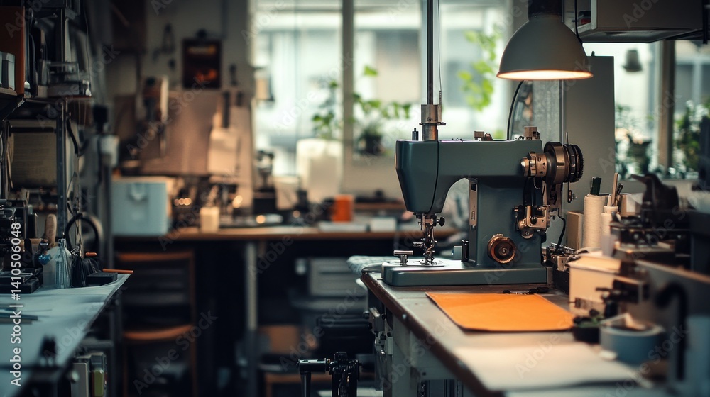 Poster sewing machine and workspace within a well lit cluttered workshop setting