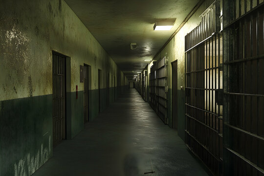 A long, dark prison corridor stretches into the gloom. - Powered by Adobe