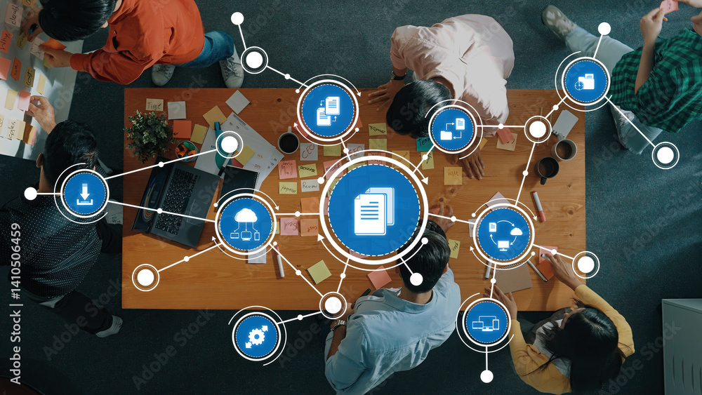 Poster an overhead view of a collaborative workspace featuring sticky notes and digital tools, showcasing t