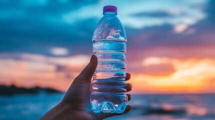 Hand holding a clear plastic bottle of pure drinking water refreshing and splash on a hot background with a hungry and thirsty concept for good health.