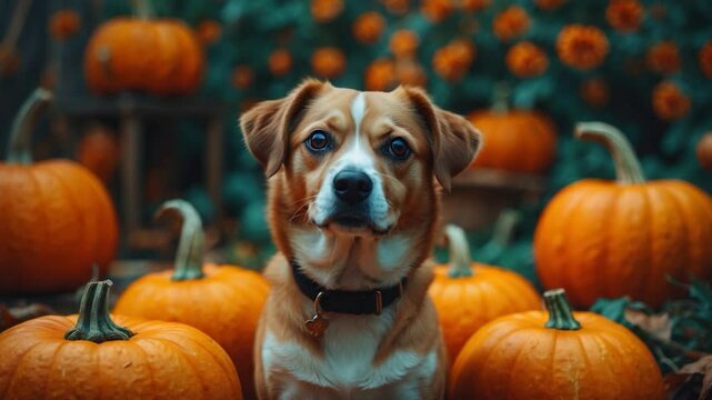 cute dog against pumpkin backdrop