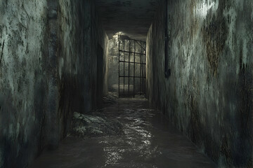 Dim, damp corridor of a derelict prison.