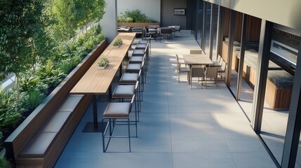 Modern rooftop terrace patio furniture plants sunny day relaxing outdoor space