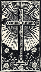 Christian Cross Religious Wooden Catholic Christ Jesus Folk Art LinoCut Print Ink 