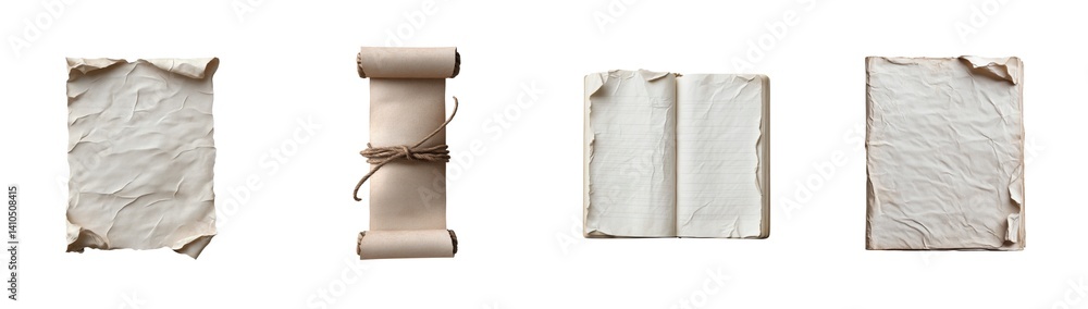 Poster vintage scroll and paper collection featuring old textured sheets and bound notebook