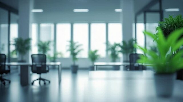 In the blurred background of the empty office area