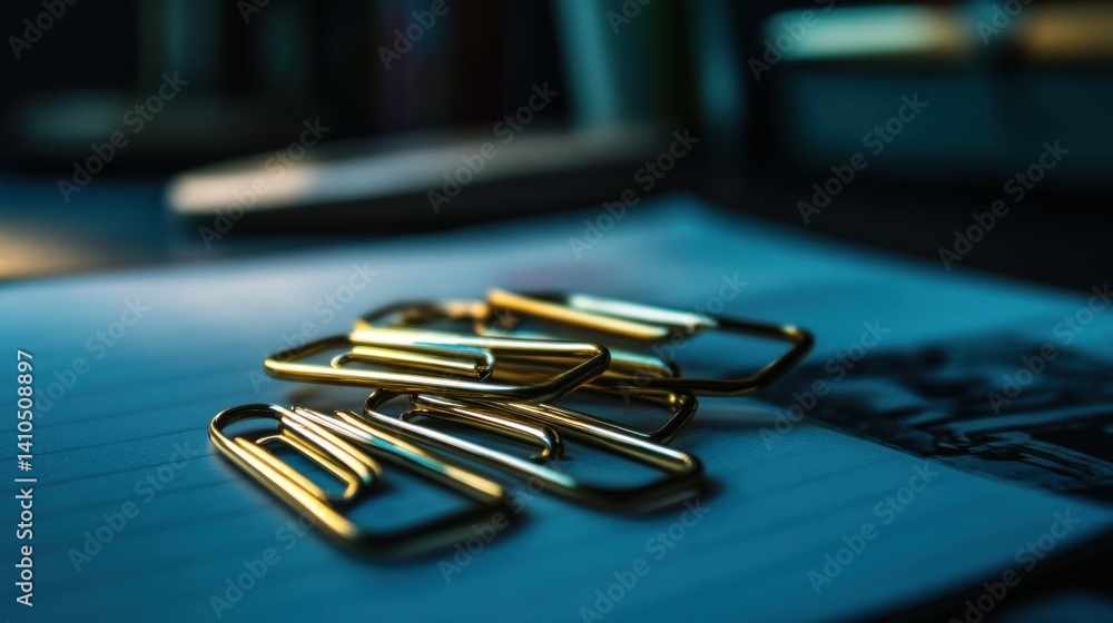 Poster golden paperclips resting on a lined notebook with shallow depth of field