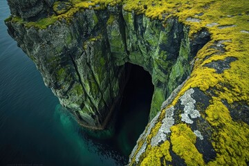 Sea stacks, mossy cliffs, dark cavern.  Ocean, rock formations, lush green moss, turquoise water, dramatic, secluded, island, hidden cove, natural wonders,  coastal beauty