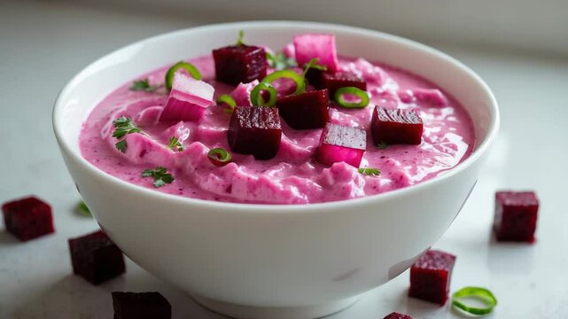 Onion Beetroot Raita is an Indian salad condiment made with yogurt and combined with fresh vegetables like onion, sugarbeet, and green chili.